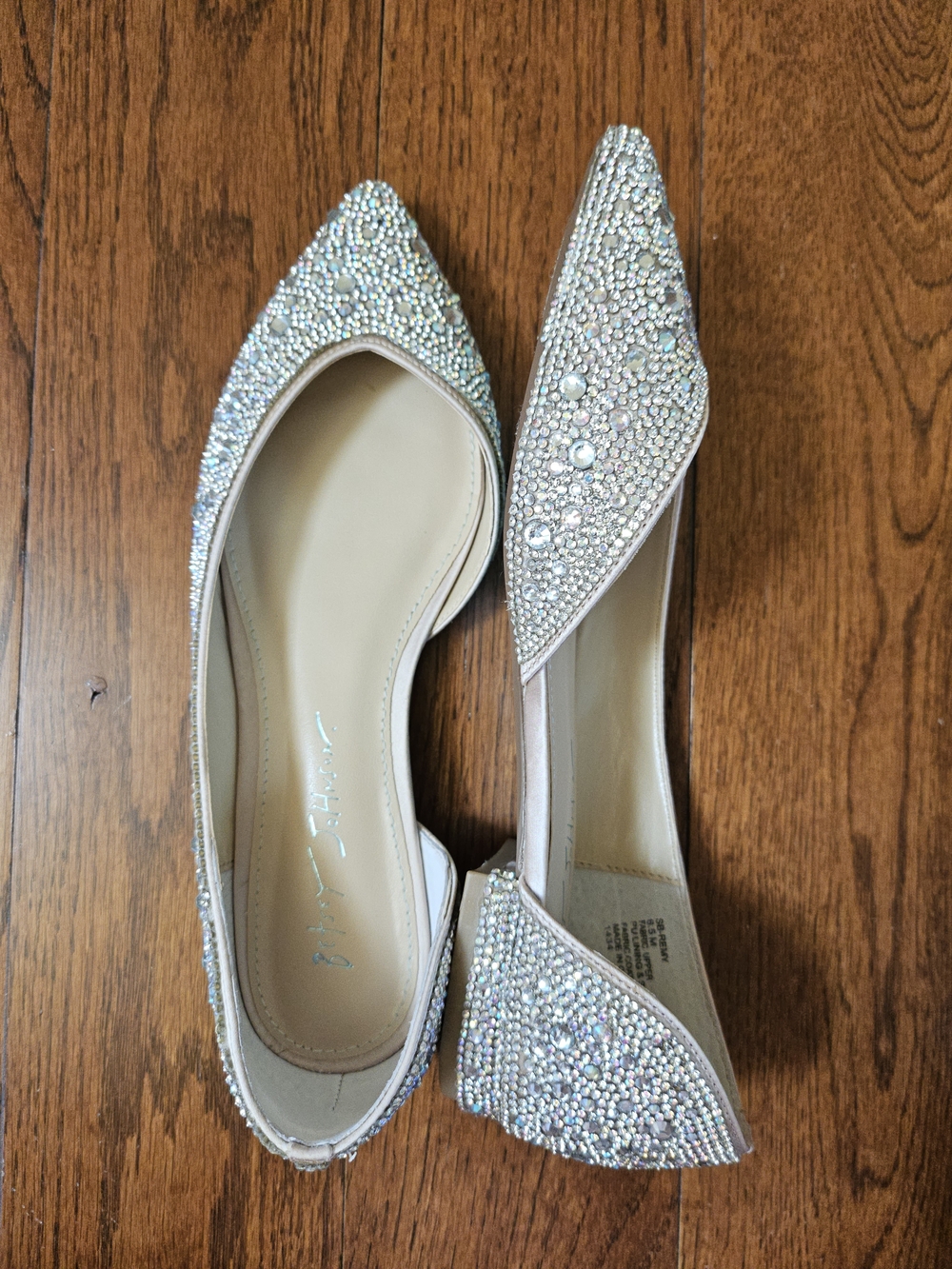 Betsey Johnson Crystal-Embellished Pointed Toe Flats in Cream